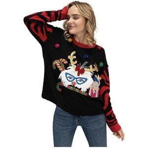 Rafiana NWT White Dog Christmas Festive Long Sleeve Zebra Print Sweater Sz L Red